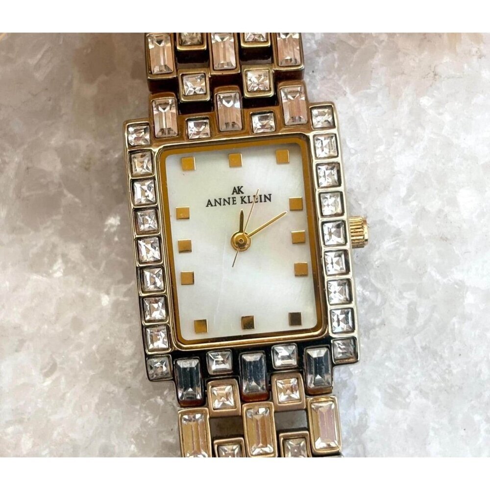 Anne Klein Gold T 735H Rhinestone Mother of Pearl Vintage Wristwatch - 20mm